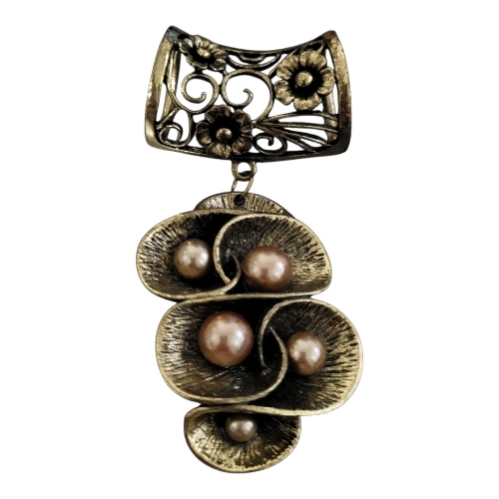 Vintage 1980s Scarf Slide Clip Pendant Bronze Filigree Faux Pearl Boho Jewelry